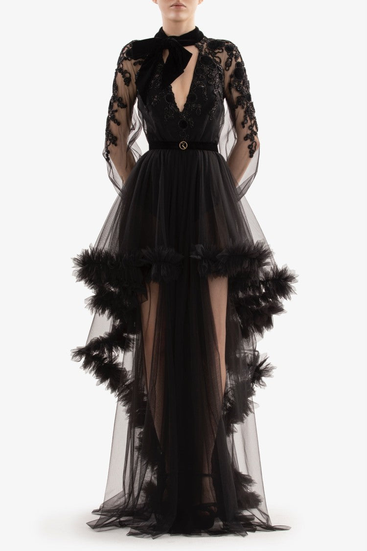 Embroidered Tulle Dress With Ruffles