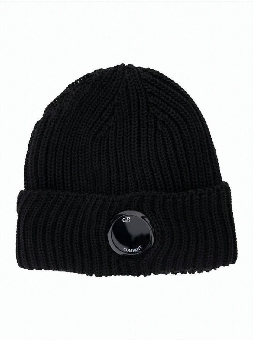 Ribbed Wool Beanie With Glossy Emblem