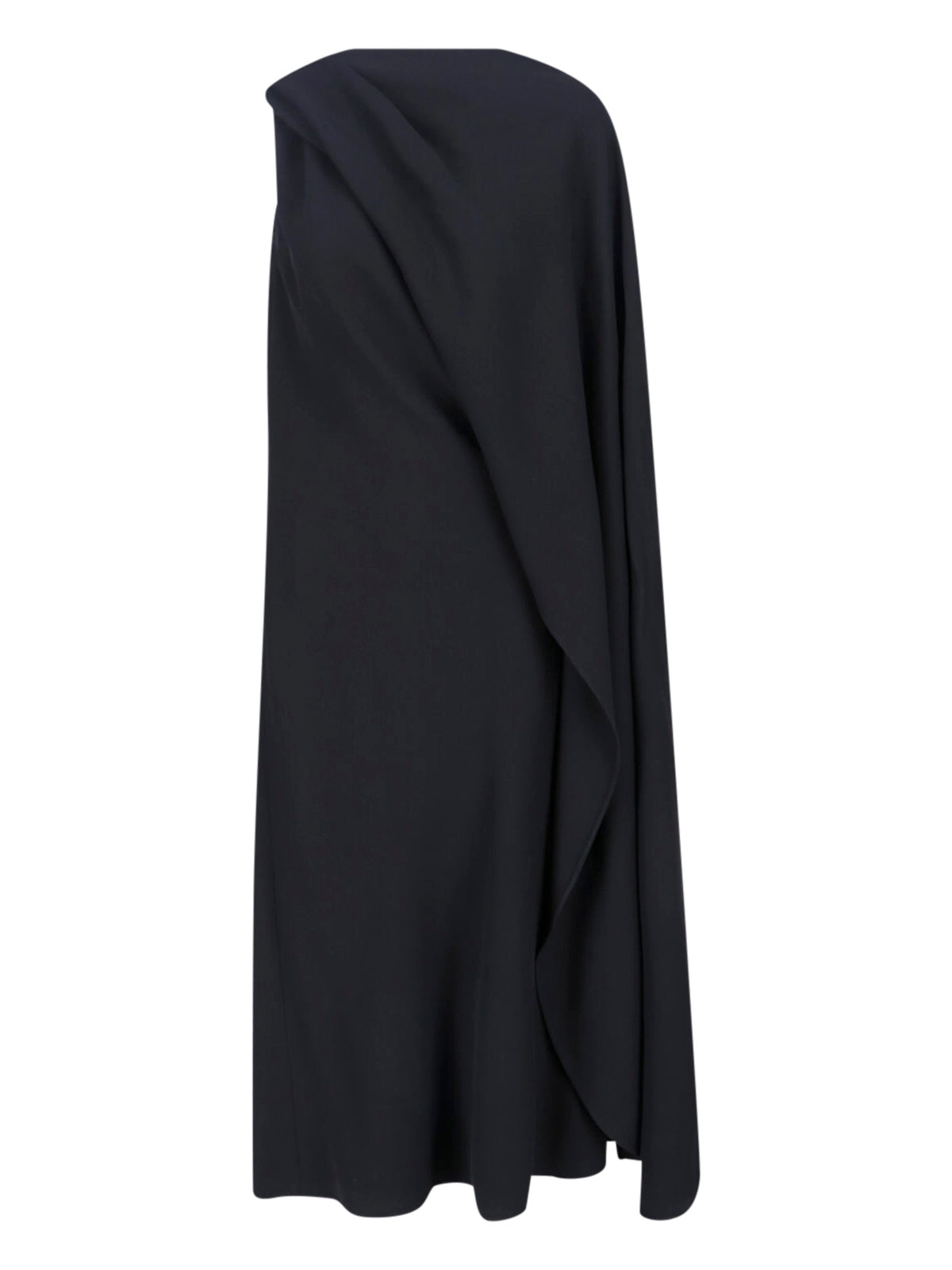 Black One-Shoulder Draped Wool Dress