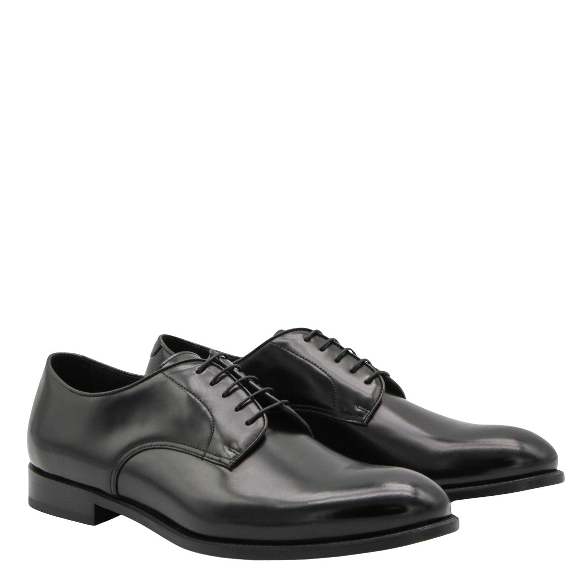 Polished Black Leather Lace-Up Flat Shoes