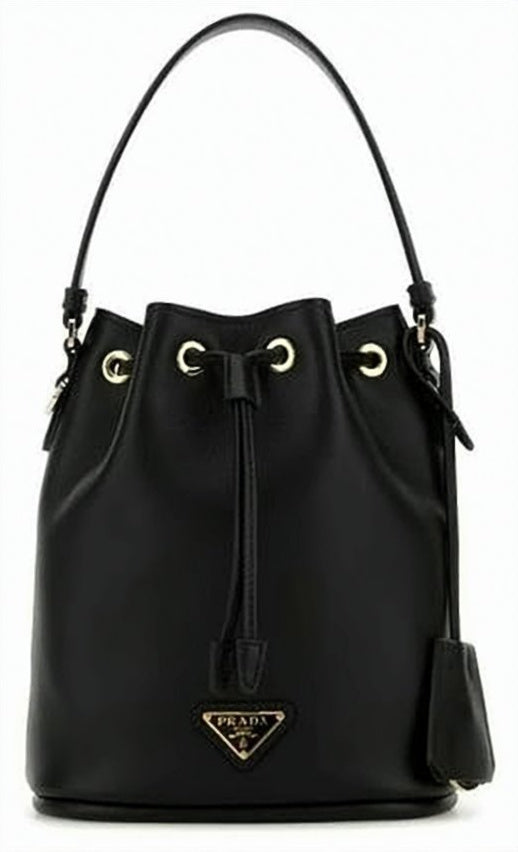 Bucket-Style Smooth Leather Shoulder Bag With Drawstring Closure