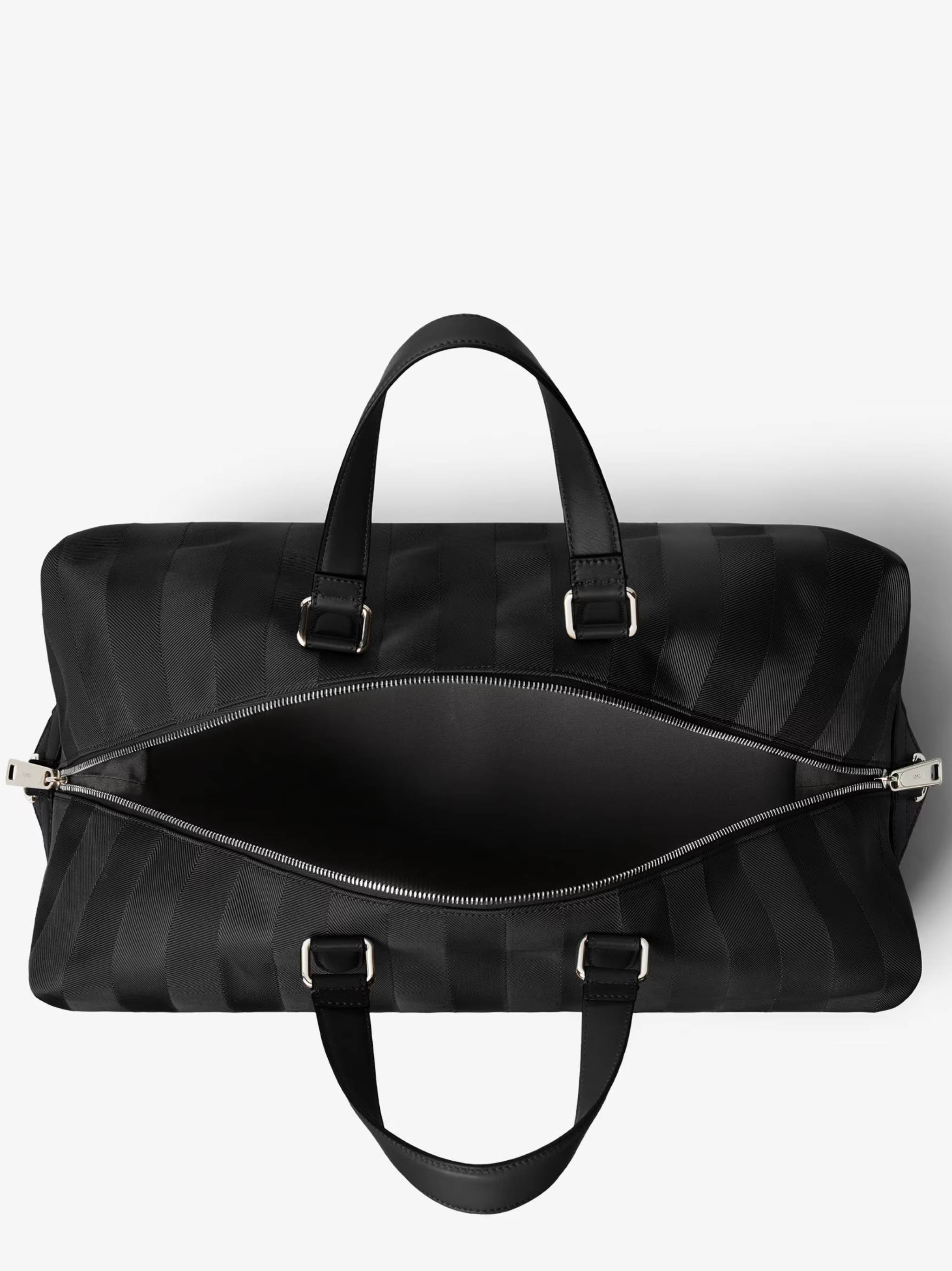 Matte Finish Black Duffle Bag with Striped Pattern and Silver Hardware