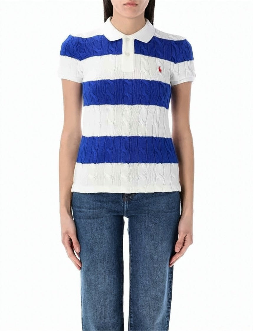 Short-Sleeved Knit Top With Polo Collar And Cable Knit Texture