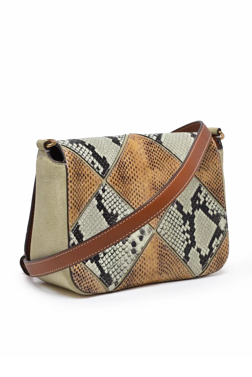 Thea Patchwork Flap Shoulder Bag - Green/Beige