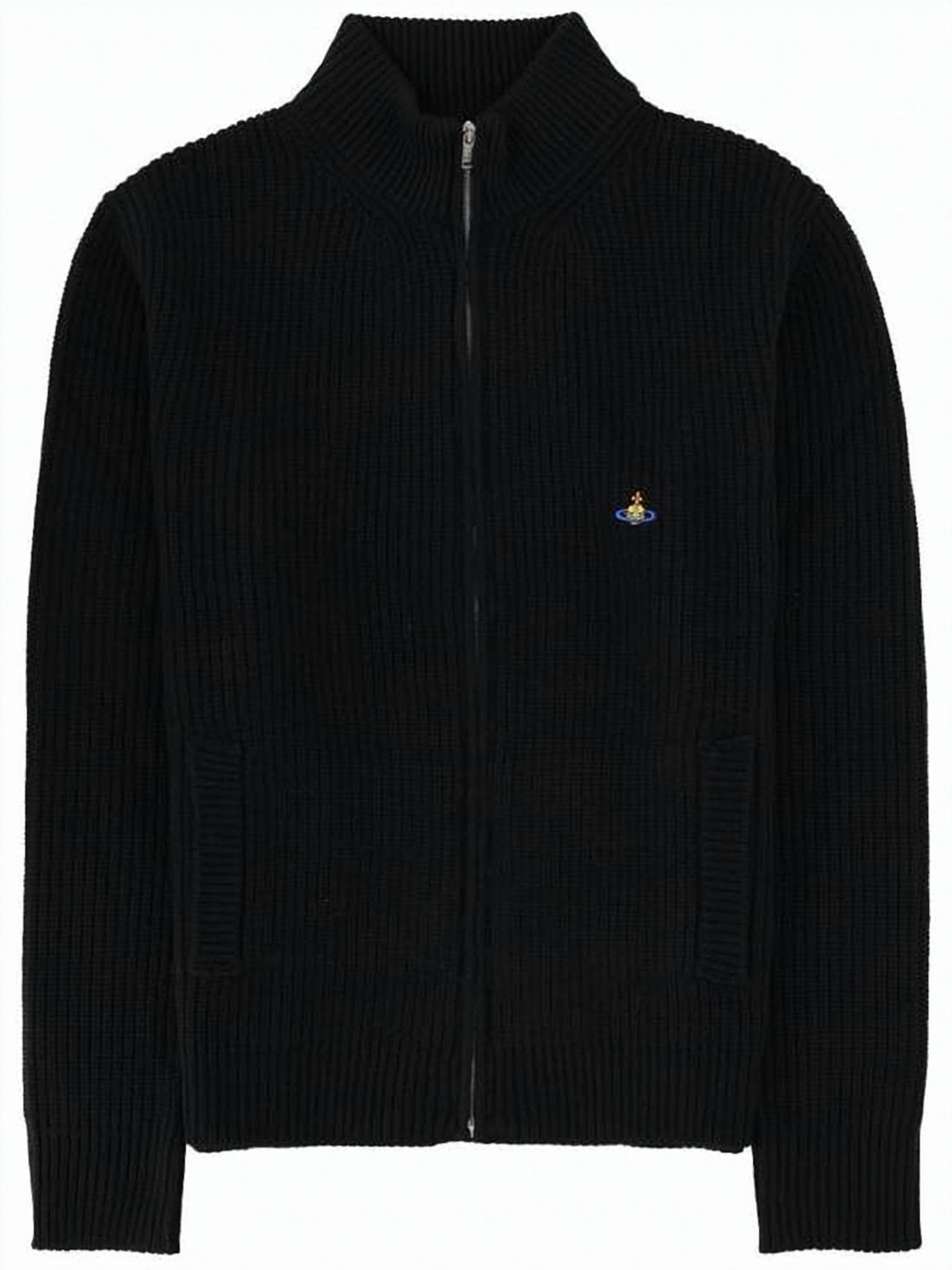 Ribbed Knit Zip-Through Sweater with High Collar