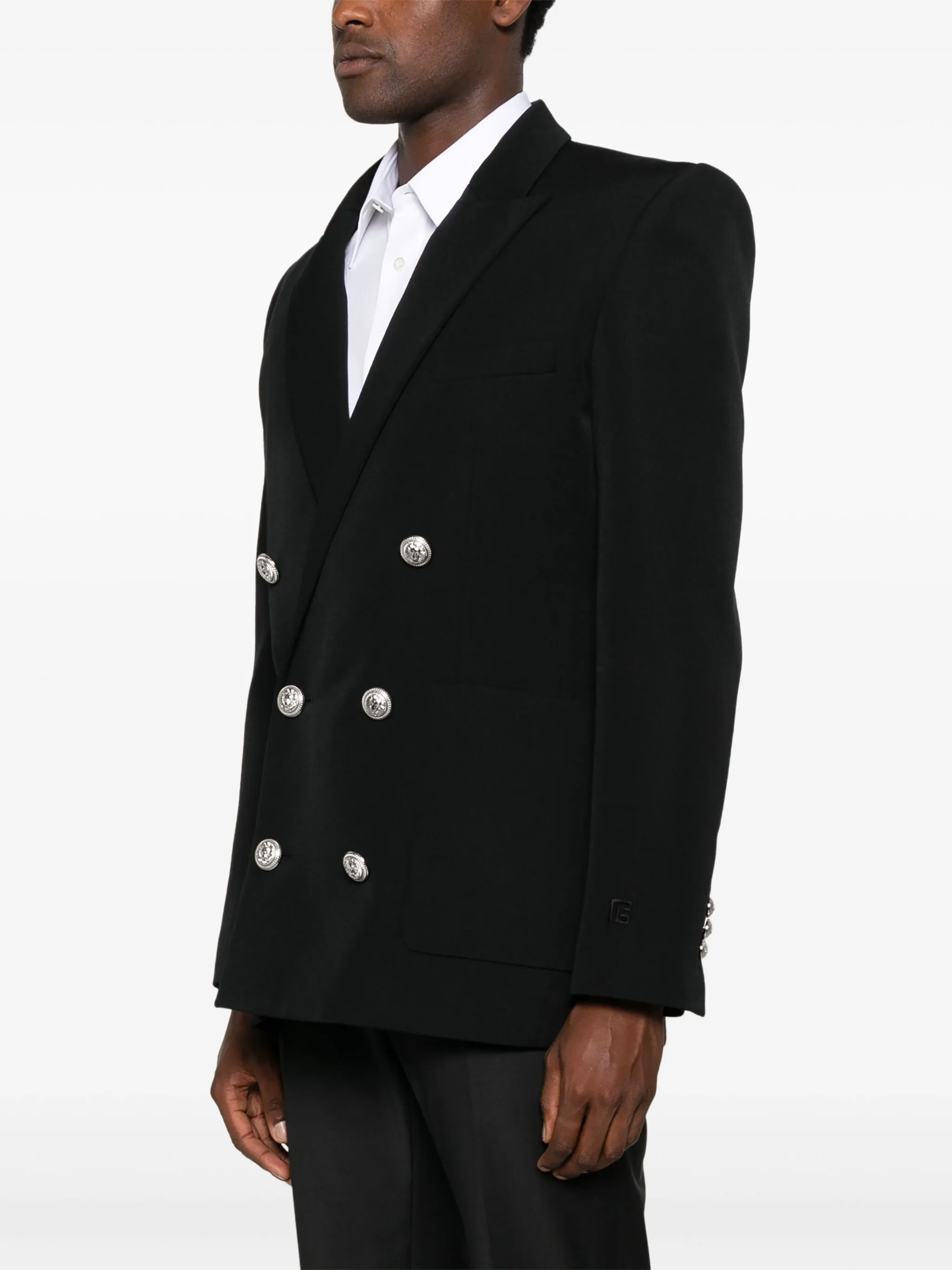 Black Fitted Collection Double-Breasted Wool Blazer