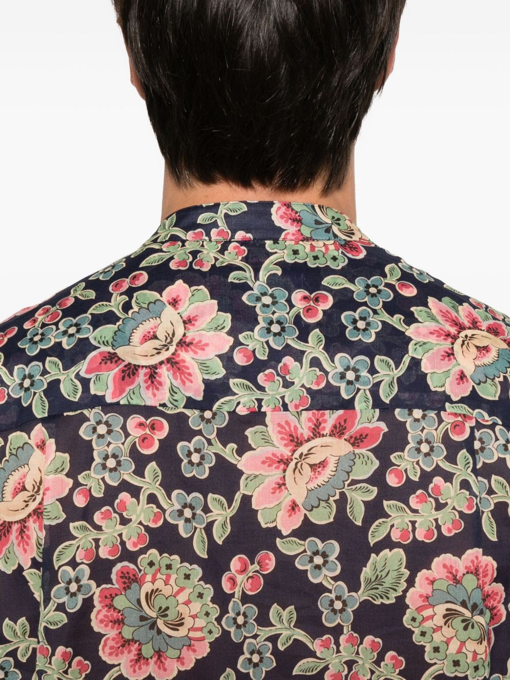 Dark Blue Floral Print Mock Neck Shirt