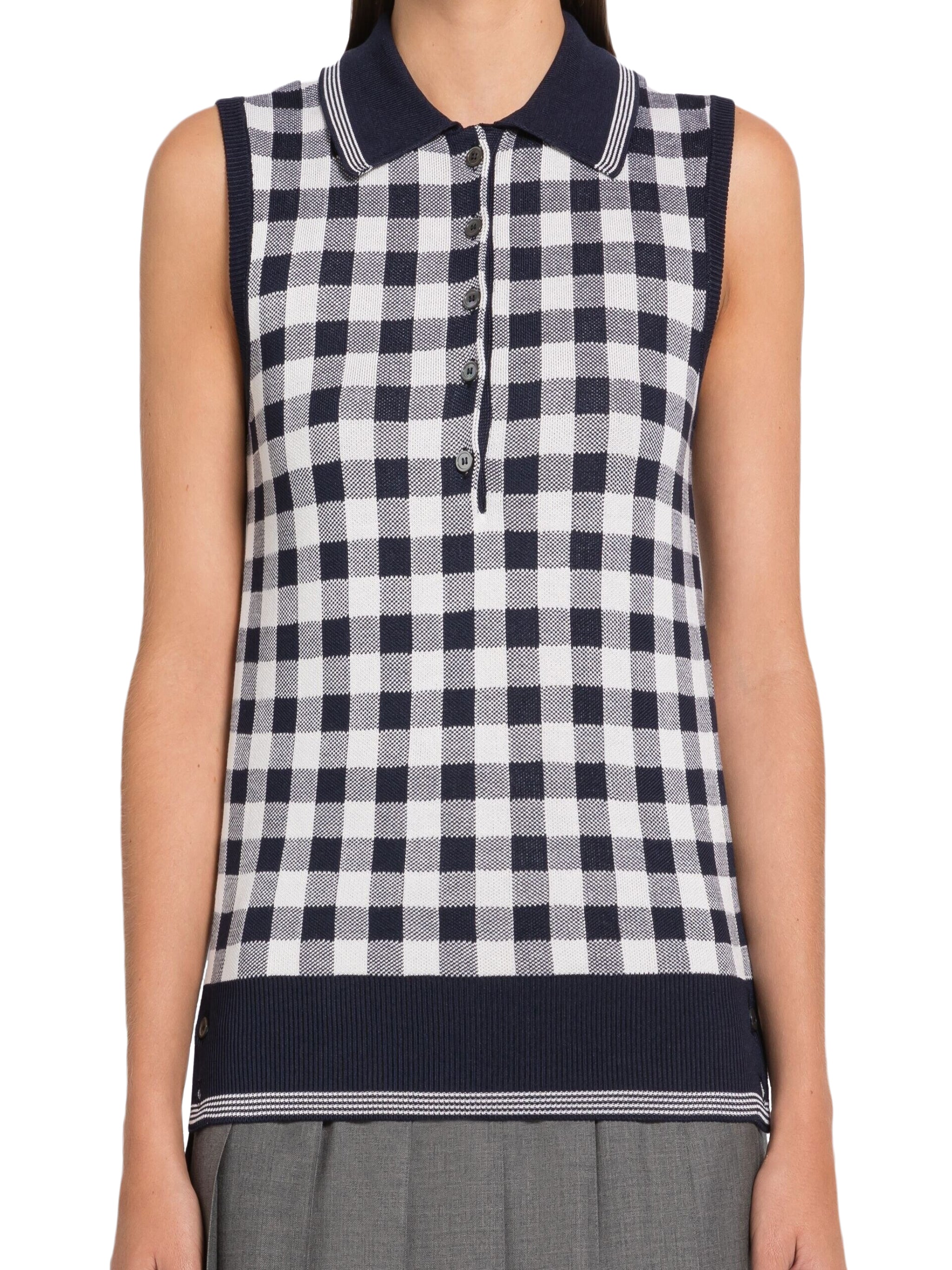 Silk Sleeveless Top with Checkered Pattern and Polo Collar