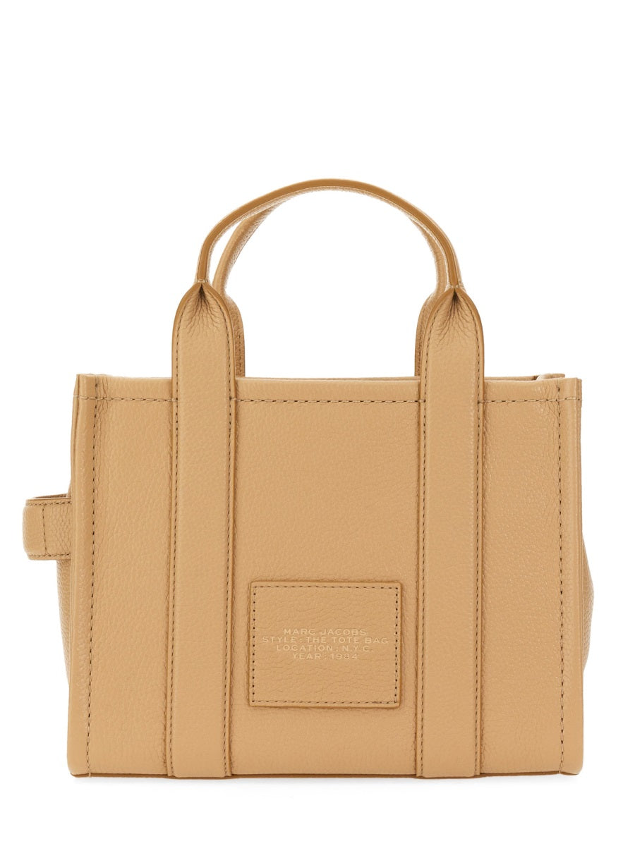 Beige Leather Small Structured Logo Tote Bag
