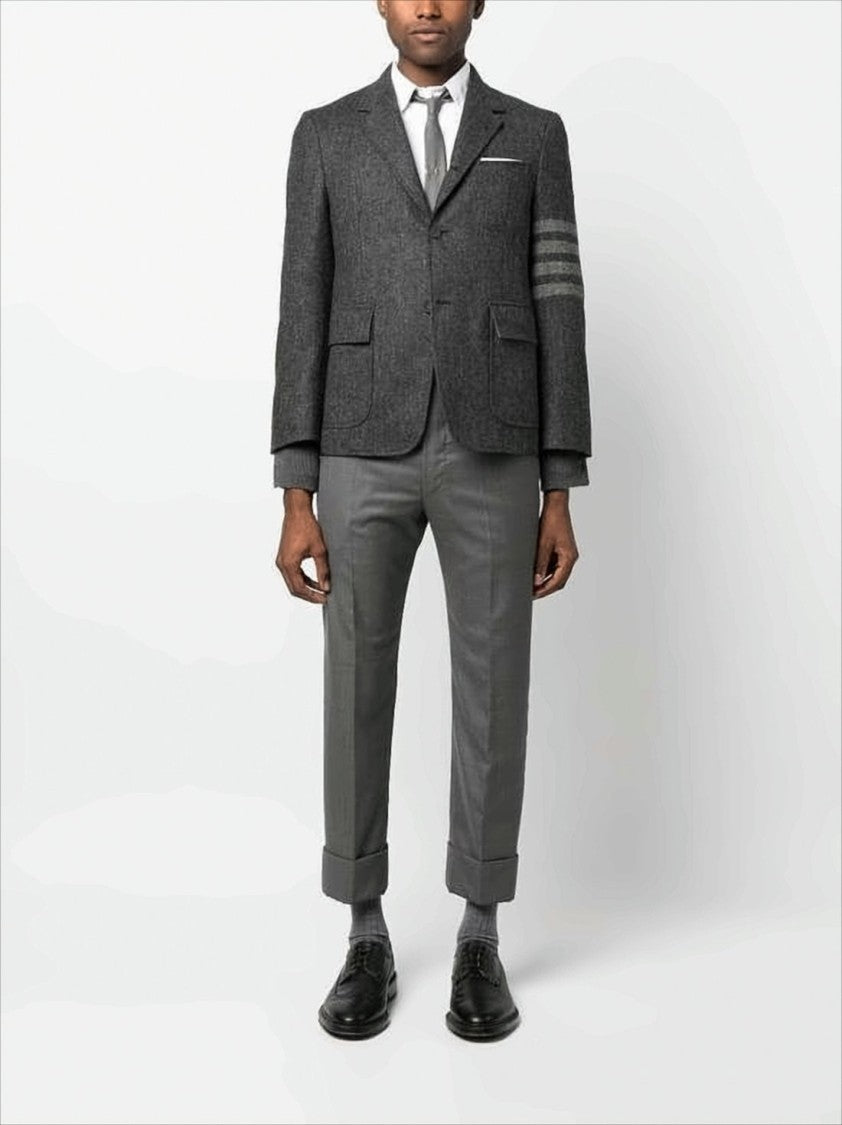 Tailored Grey Suit Jacket with Notch Lapel and Signature Stripes