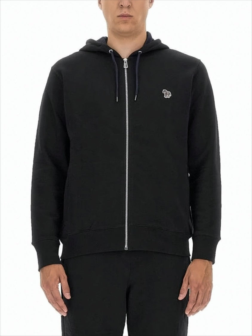 Black Zip-Up Hoodie with Drawstrings and Embroidered Zebra