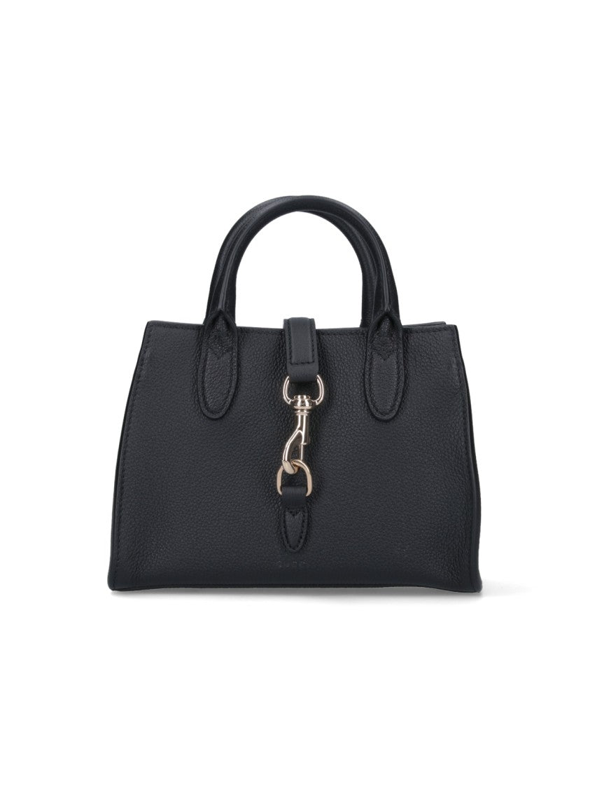 Textured Black Leather Small Tote Bag With Rigid Top Handles