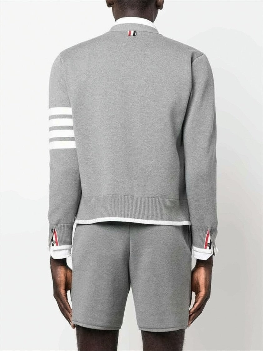 Cropped Grey Cardigan with V-Neckline and Signature Stripes