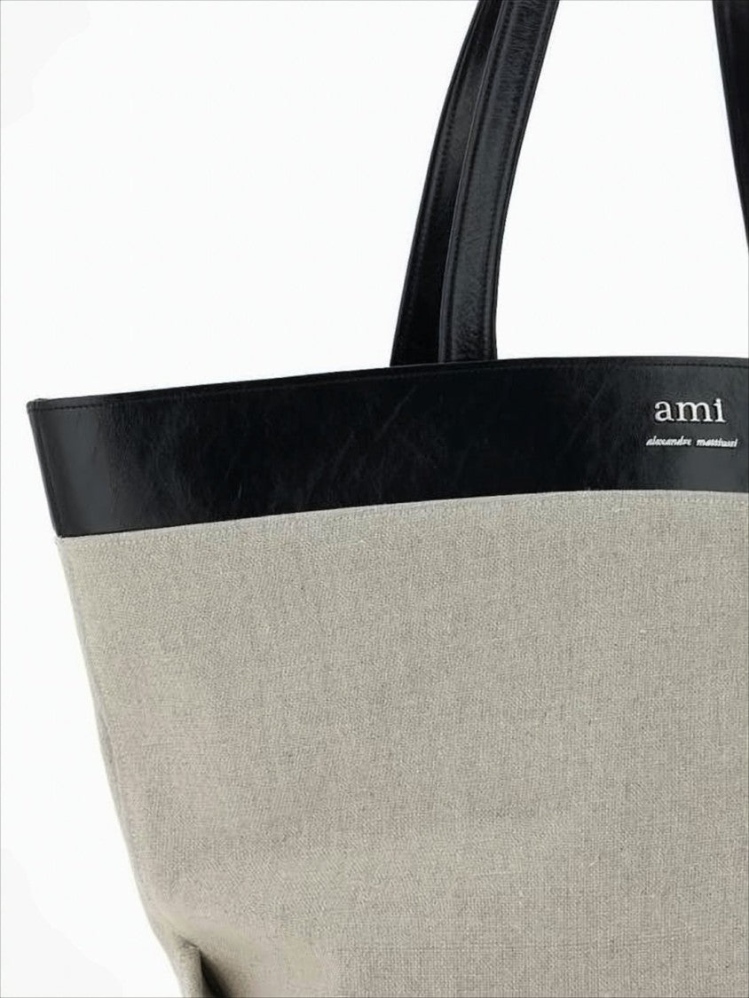 Beige Canvas Tote Bag With Black Leather Trim