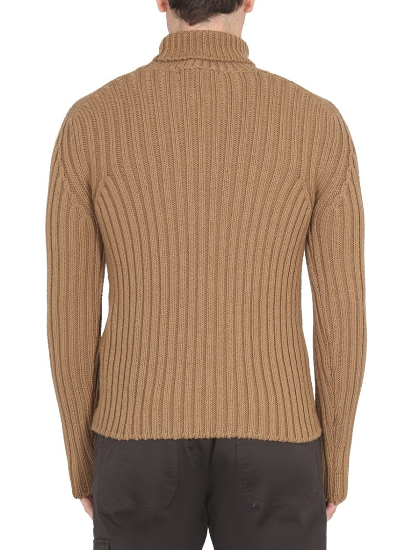 Brown Ribbed Turtleneck Sweater