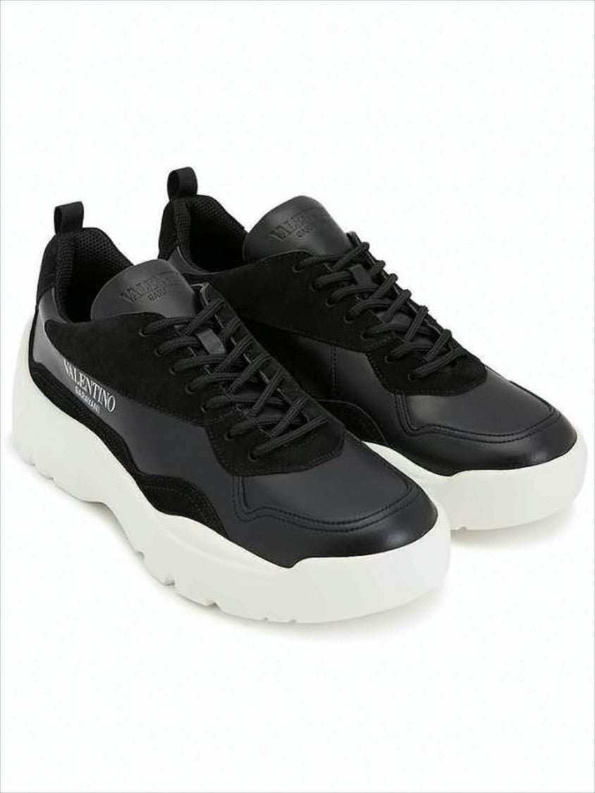 Black Leather and Suede Sneakers with Logo Detail