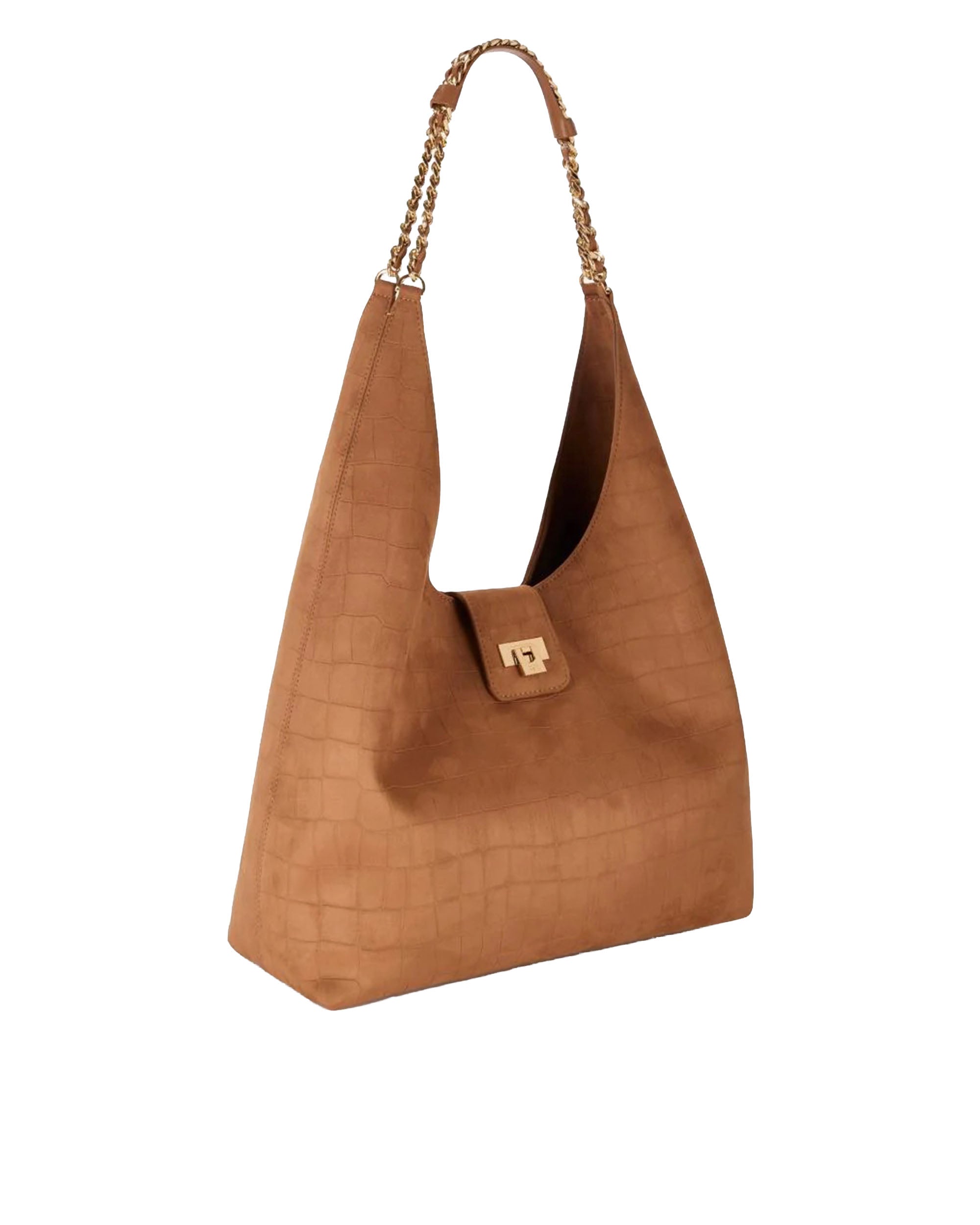 Brown Suede Hobo Bag With Crocodile Embossing And Chain Detail