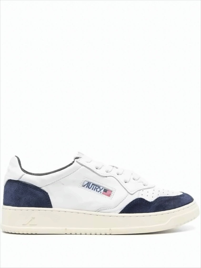 White Leather Low-Top Sneakers with Navy Suede Accents