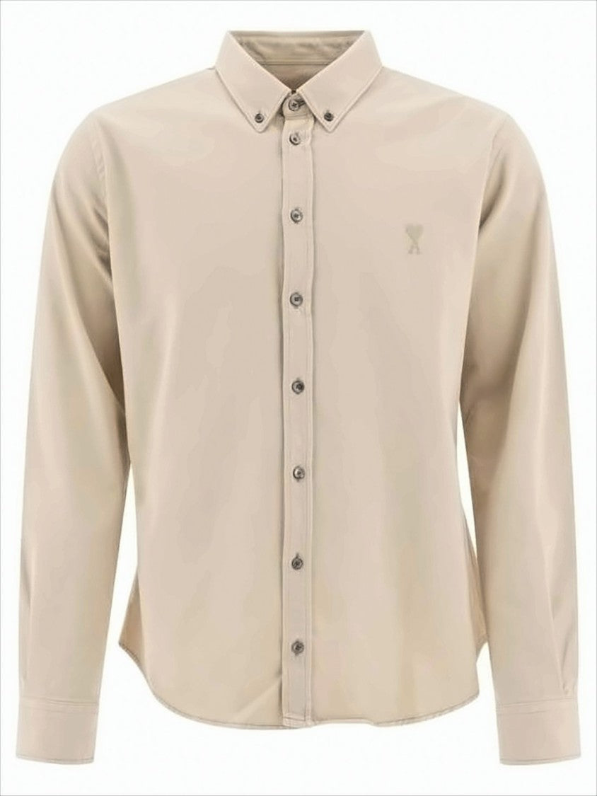 Long-Sleeve Button-Down Shirt With Curved Hem And Embroidered Logo