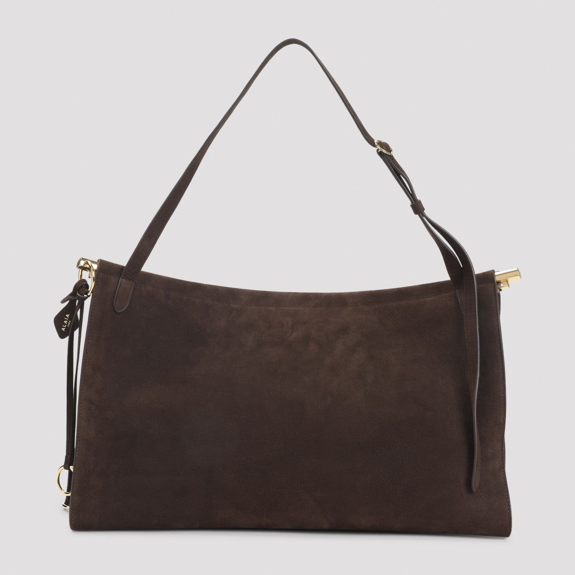 Brown Suede Handbag With Adjustable Strap And Gold Accents