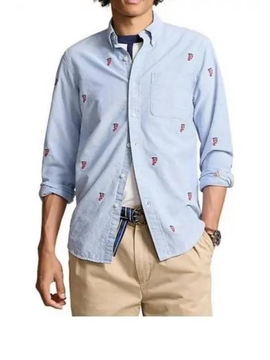 Light Blue Button-Up Shirt with Classic Collar and Embroidered Motifs