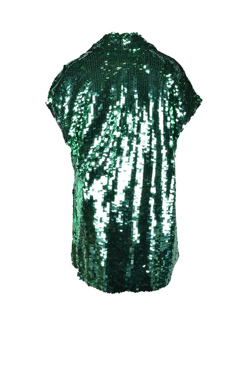 Short-Sleeved Sequin-Embellished Blouse with Wrap Tie
