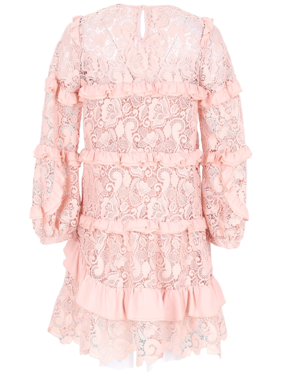 Intricate Floral Lace Mini Dress with Ruffled Design