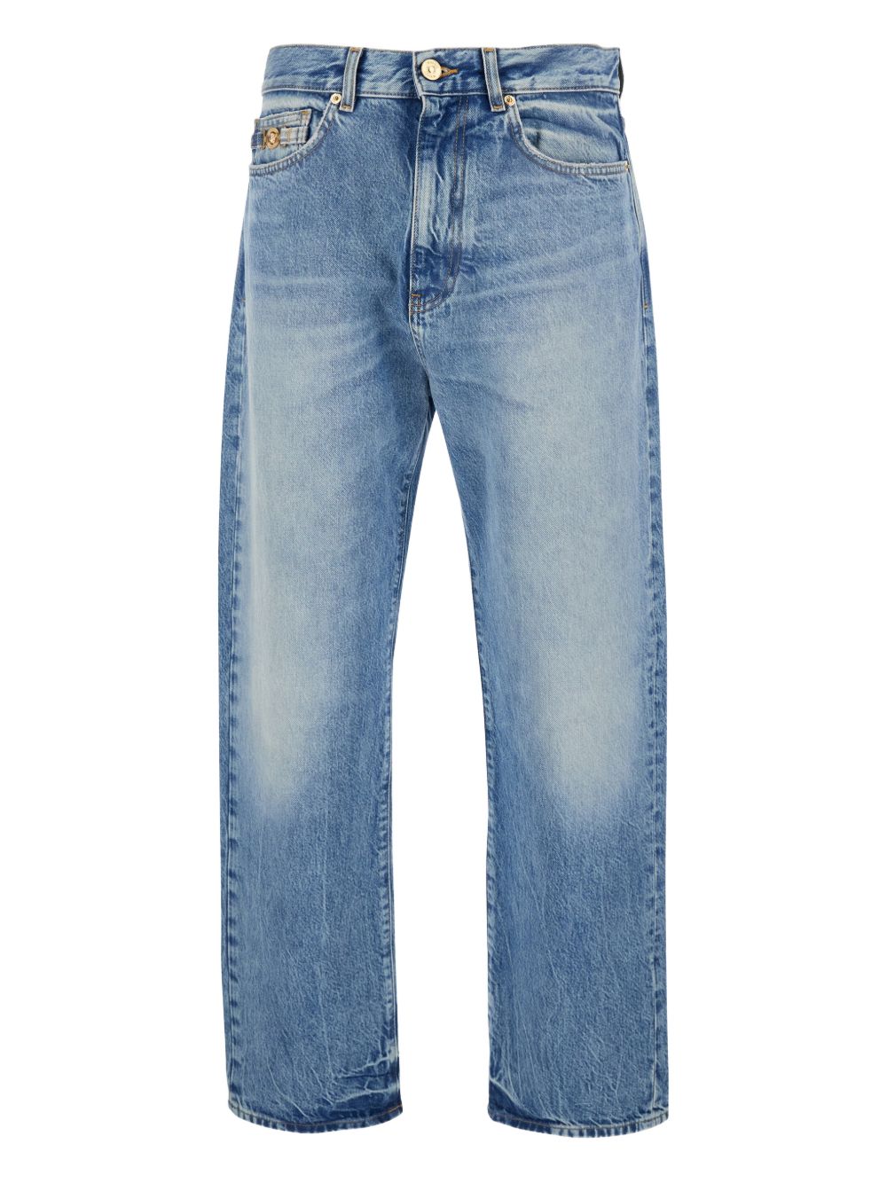 Straight-Leg Denim Look Trousers with Metallic Emblem
