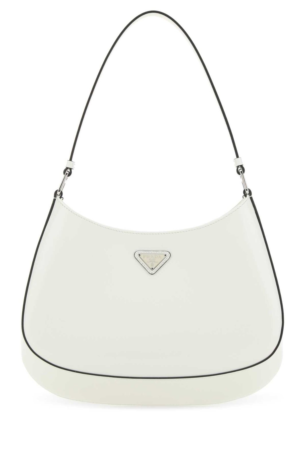 Curved White Shoulder Bag with Triangular Logo and Gold Hardware