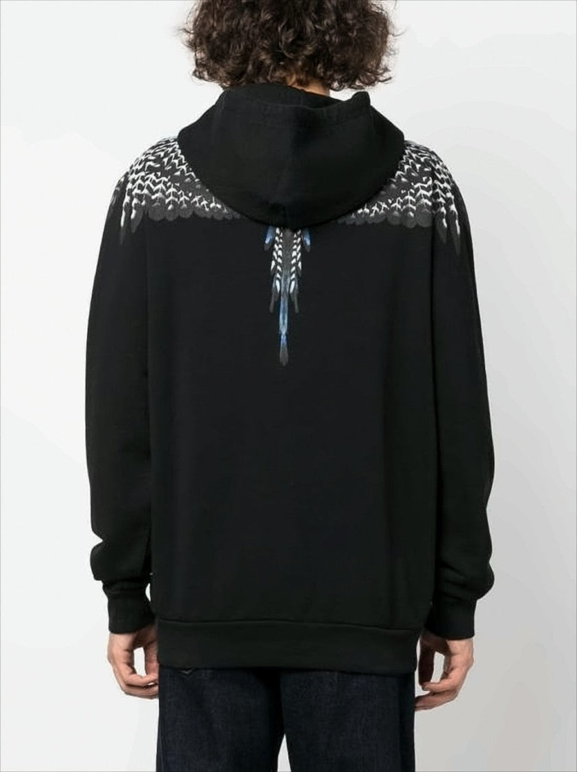 Feather-Graphic Black Cotton Hoodie