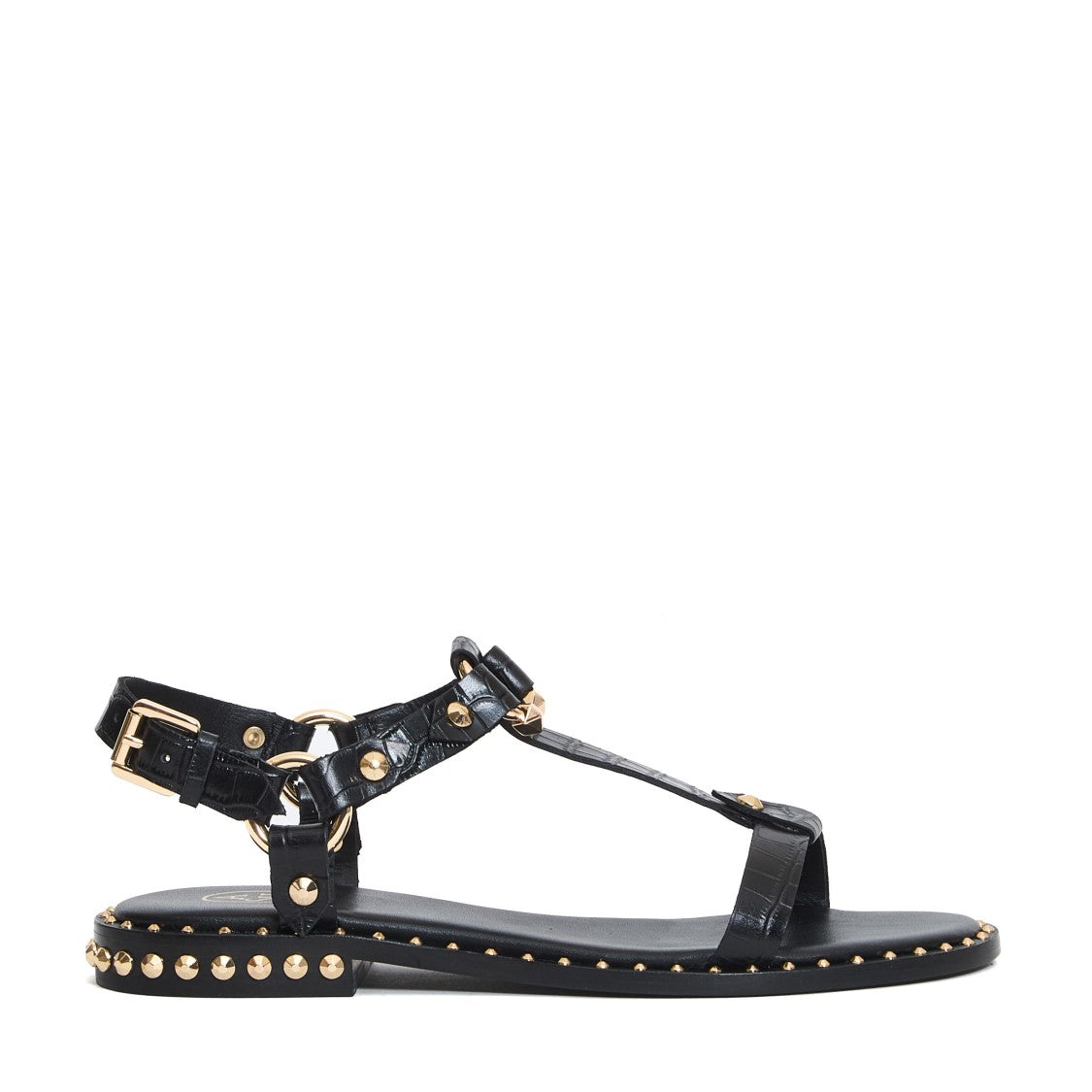 Flat Sandals In Black Crocodile Print Leather