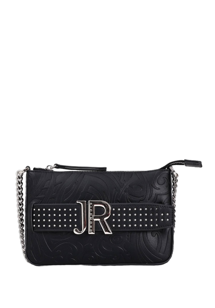 Embossed Black Shoulder Bag with Metallic Logo