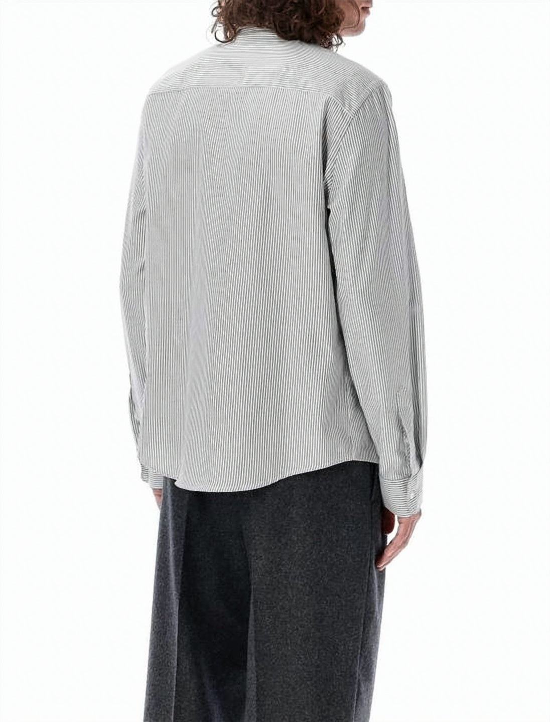 Vertical Striped Button-Down Shirt with Embroidered Heart Accents
