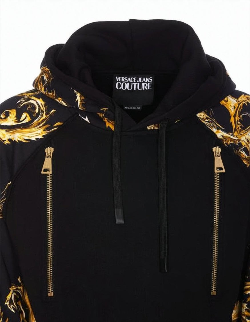 Baroque Patterned Black Hoodie with Gold Accents