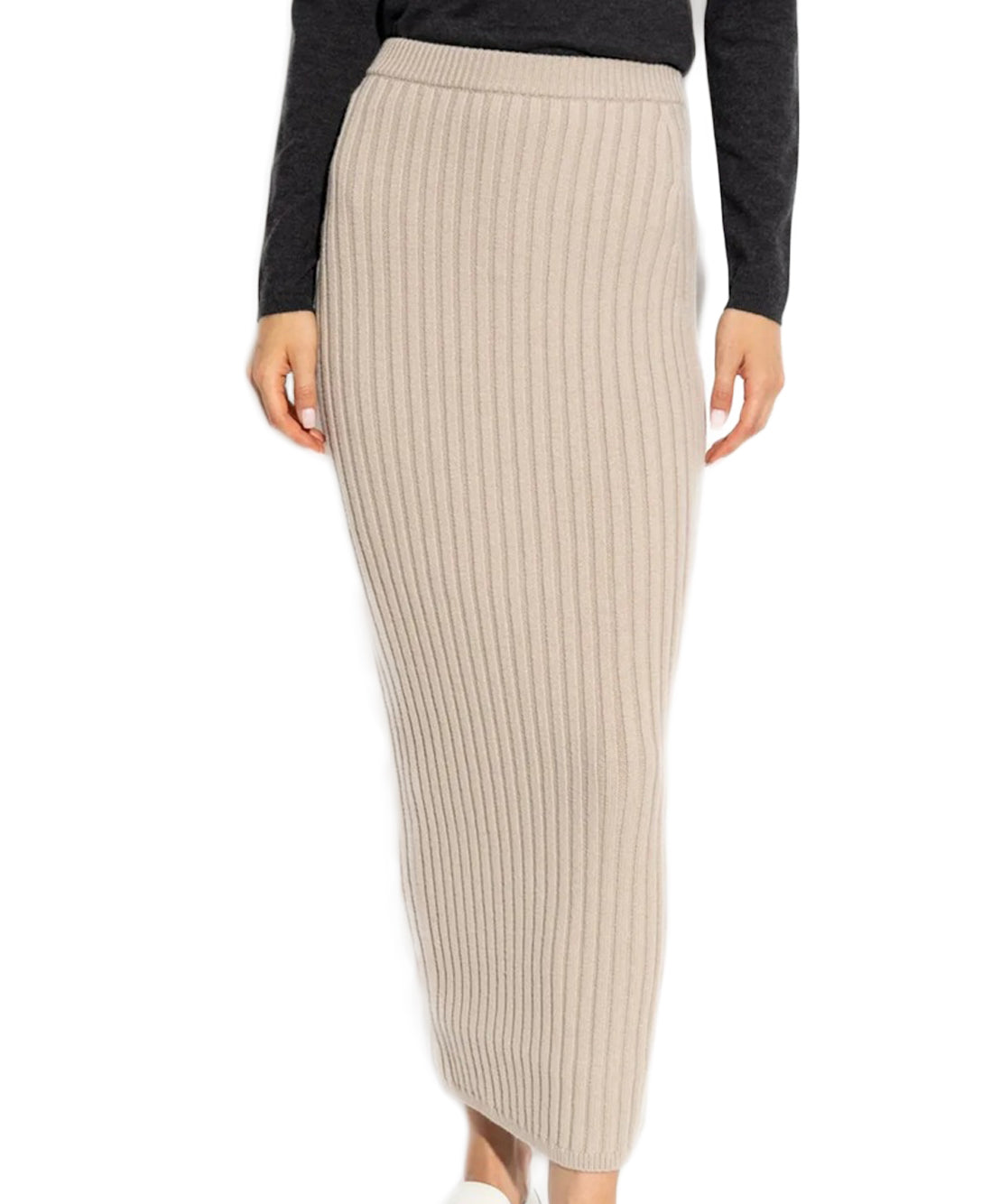 Ribbed Beige Midi Skirt with Fitted Silhouette
