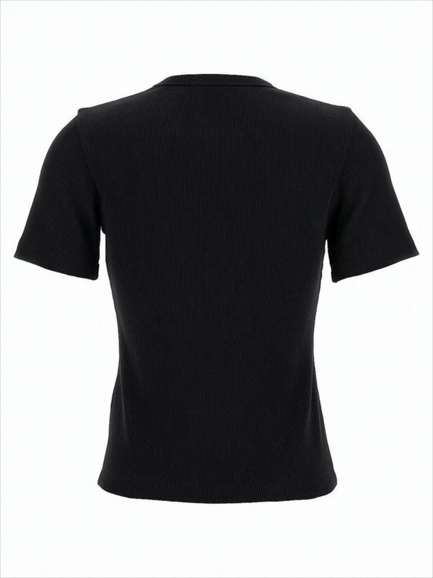 Ribbed Knit Short-Sleeved Top with Logo Patch