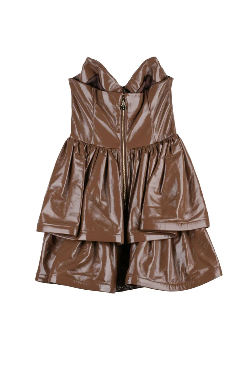 Short Faux Leather Dress Heart Neckline - Chocolate