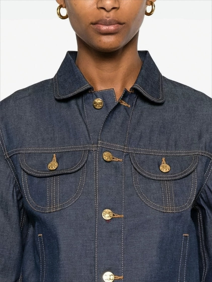 Cropped Denim Jacket With Classic Collar And Gold-Tone Details