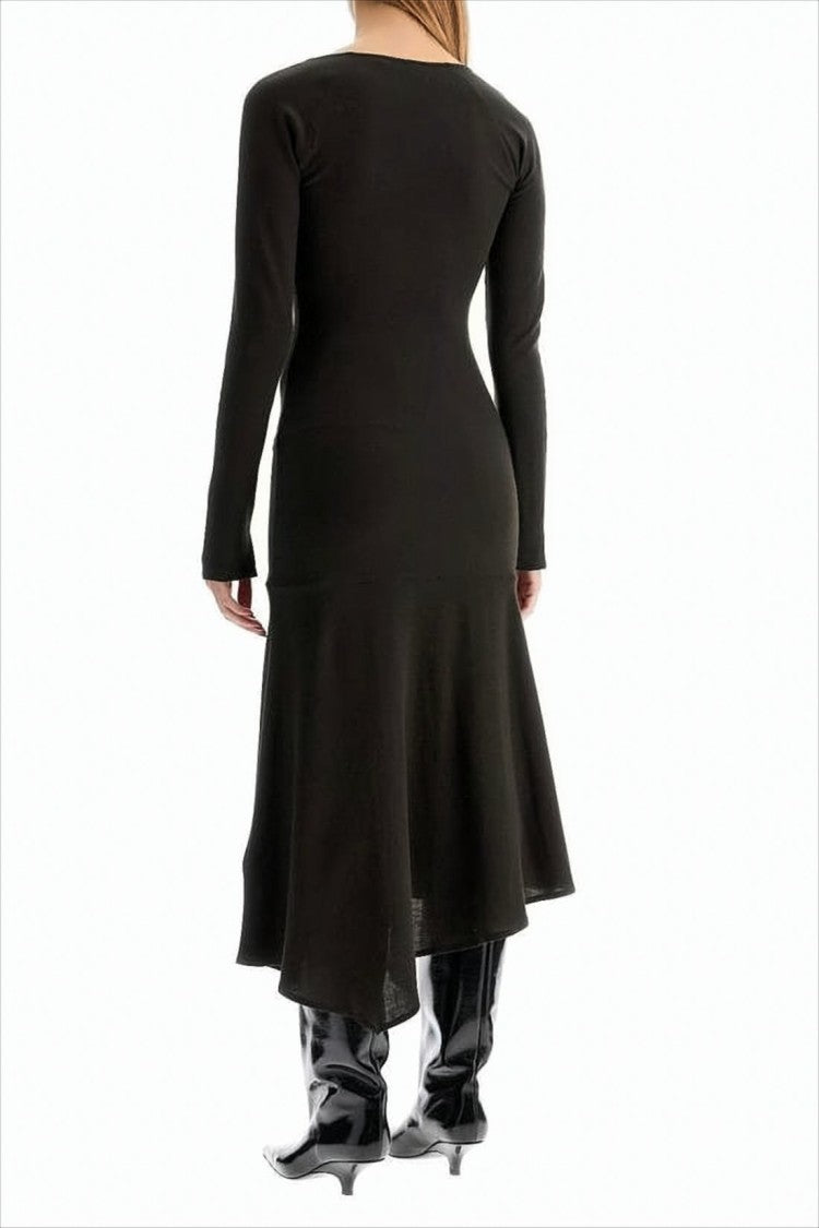Fitted Black Midi Dress With Asymmetrical Hem And Square Neckline
