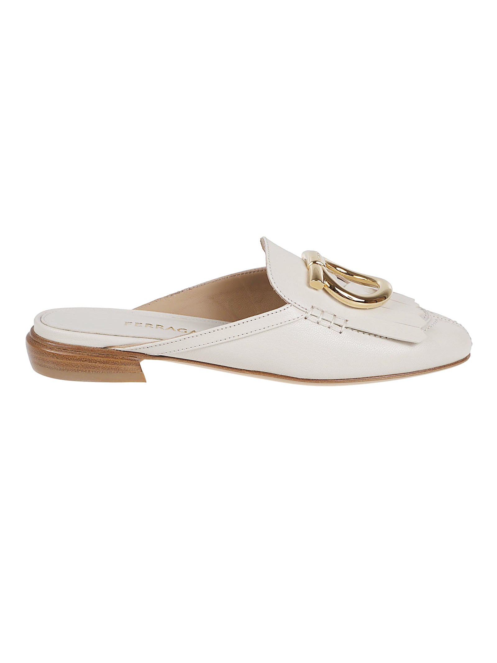 Ivory Leather Slip-On Sandals with Gold Gancini Detail