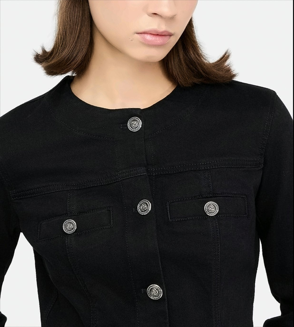 Fitted Stretch Denim Jacket With Gold-Tone Accents
