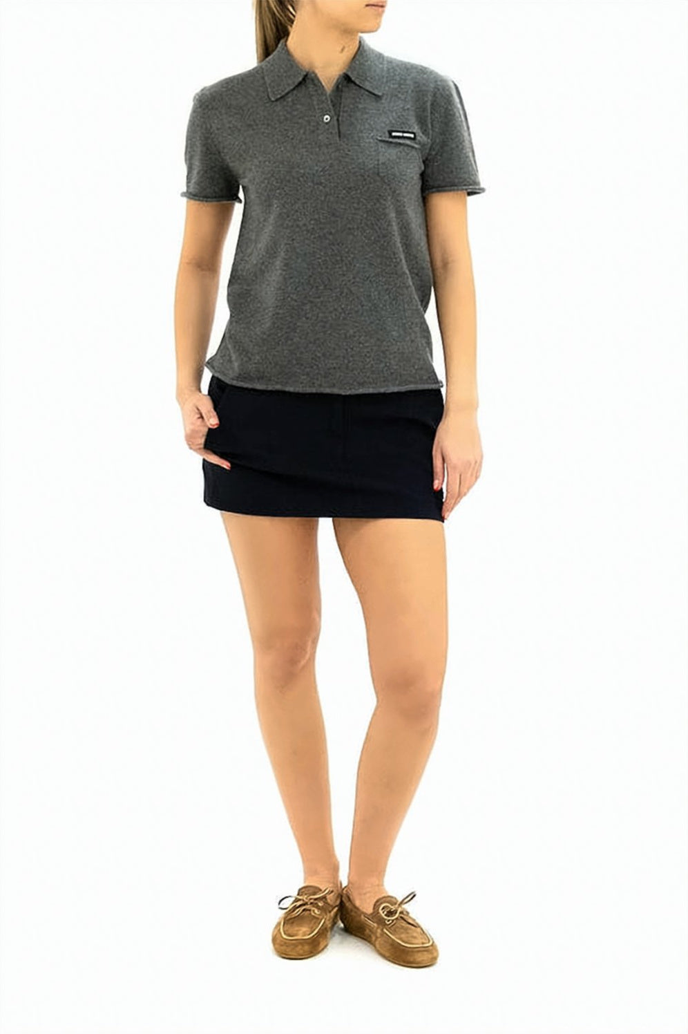Short-Sleeved Cashmere Polo Top With Classic Collar