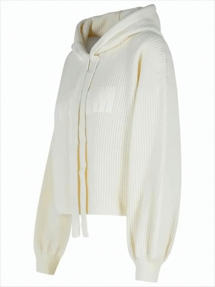 Cropped Knit Sweater with Hood and Balloon Sleeves