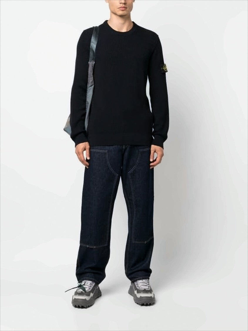 Ribbed Knit Sweater with Distinctive Patch Logo
