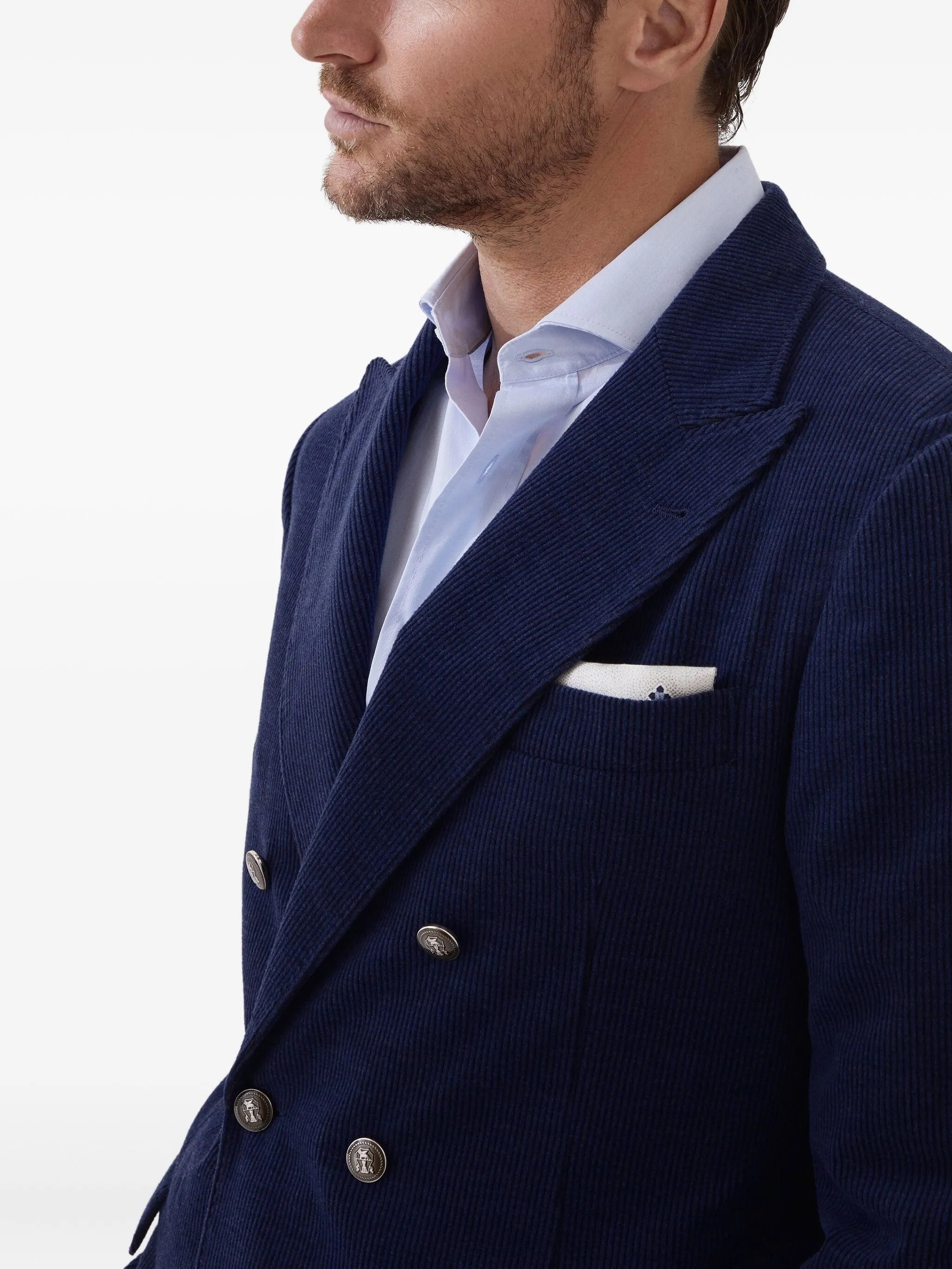 Double-Breasted Navy Blue Corduroy Blazer