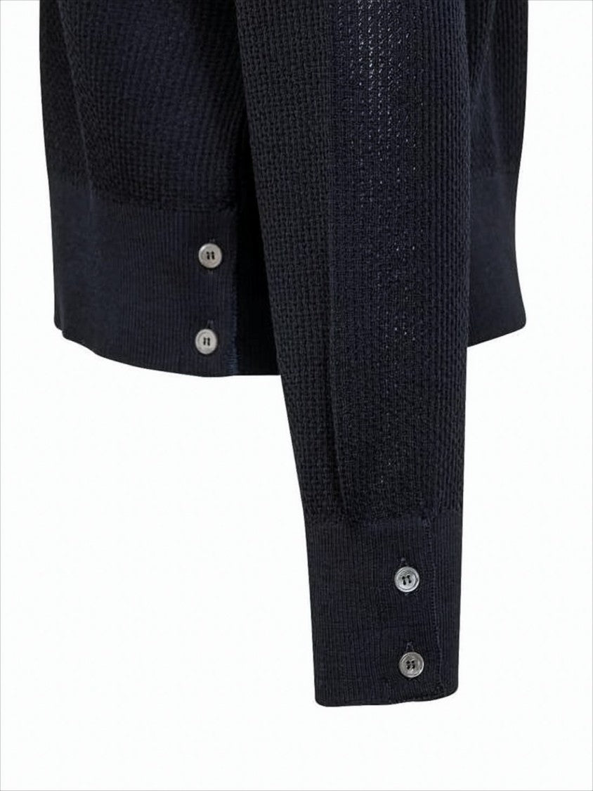 Black Structured Knit Sweater With Buttoned Cuffs