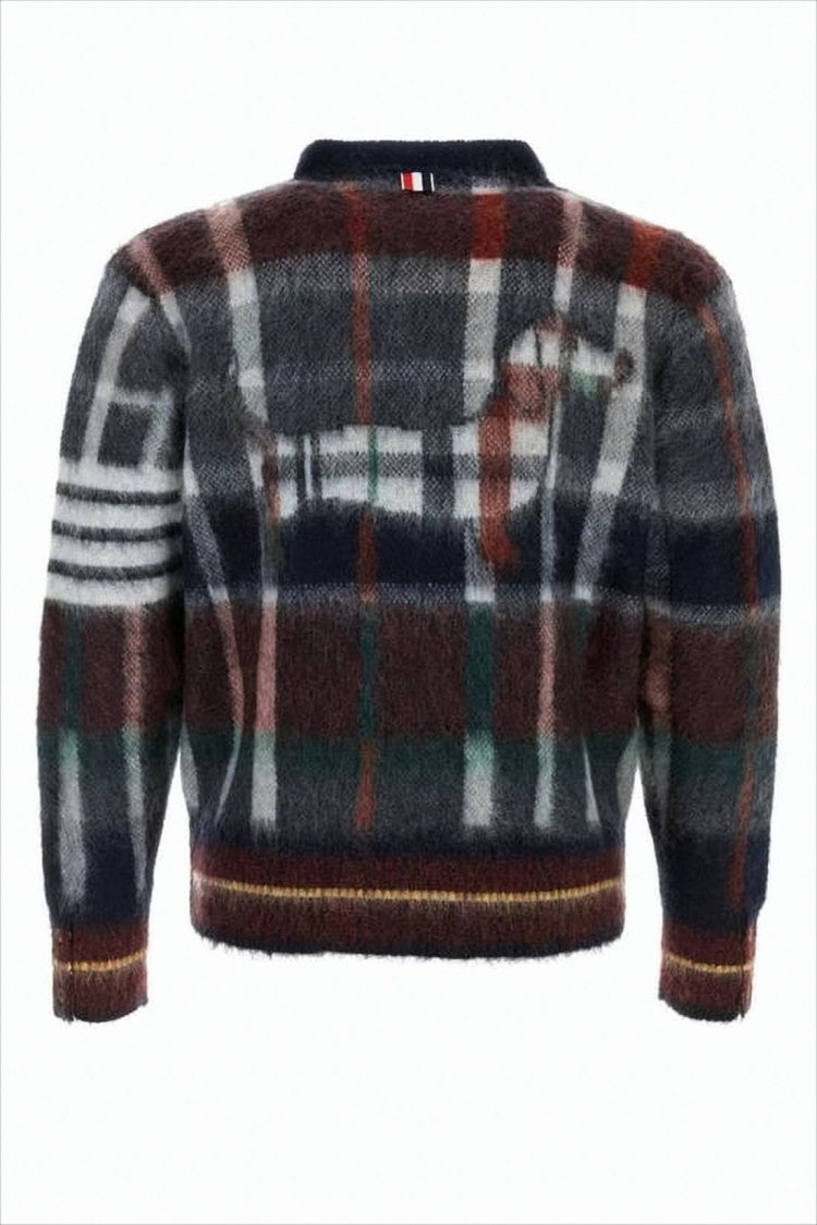 Cropped Mohair Cardigan with Bold Plaid Pattern