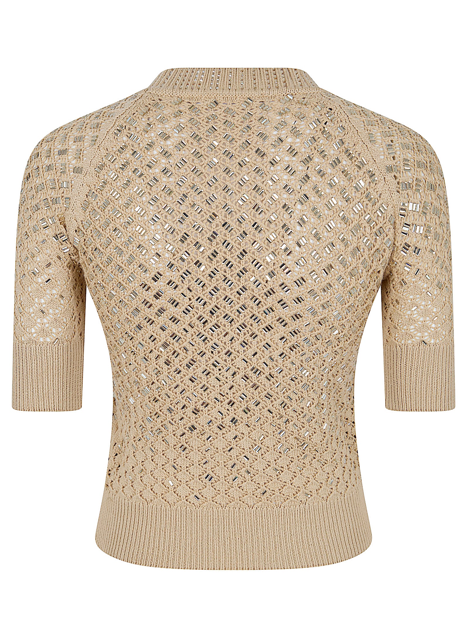Short-Sleeved Knit Sweater With Openwork Diamond Pattern