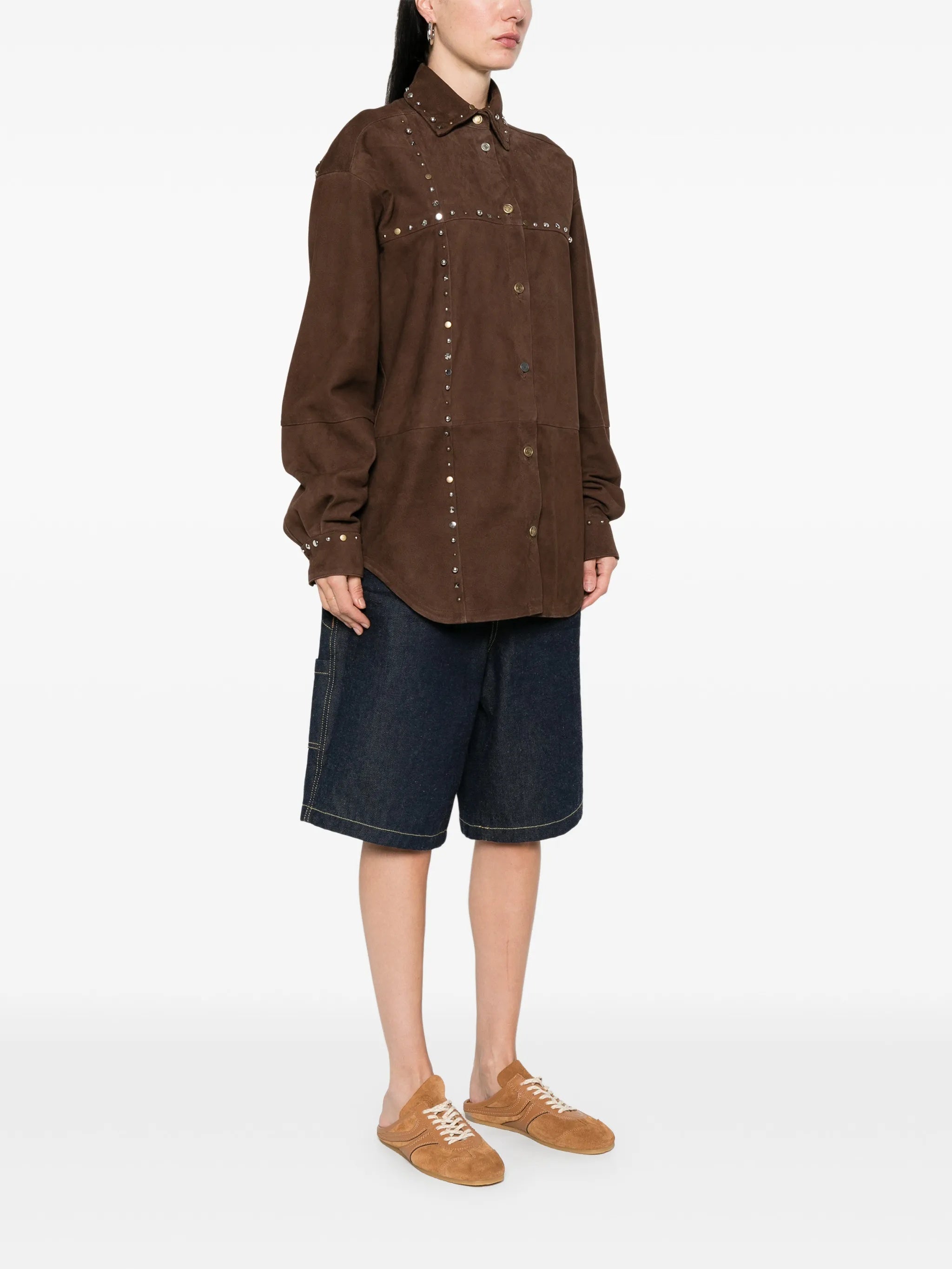 Brown Suede Shirt With Metallic Stud Detailing