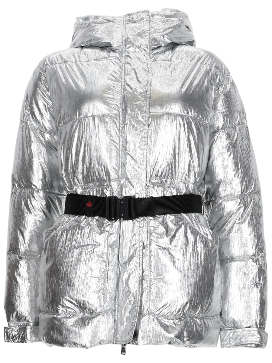 Shiny Metallic Silver Puffer Jacket With Adjustable Waist